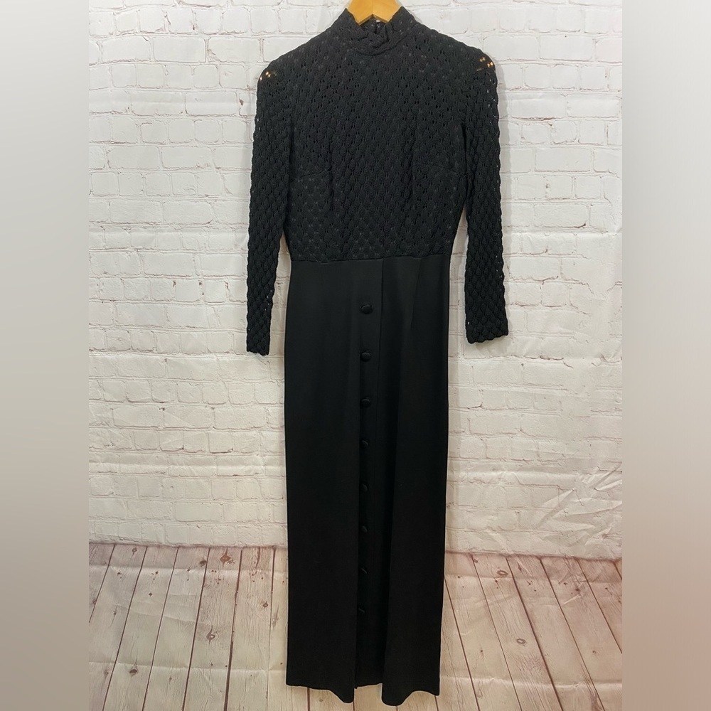 Black Crochet Bodice Long Sleeves Morticia Halloween Gothic Style Long Dress